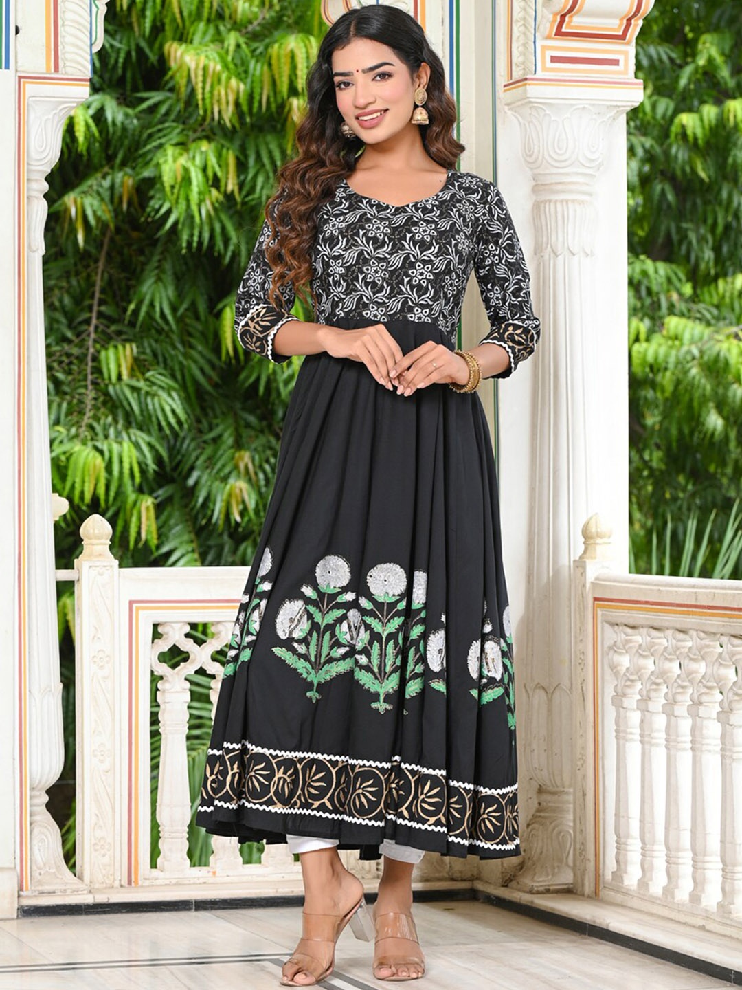

Indi INSIDE Floral Block Printed Anarkali Kurta, Black