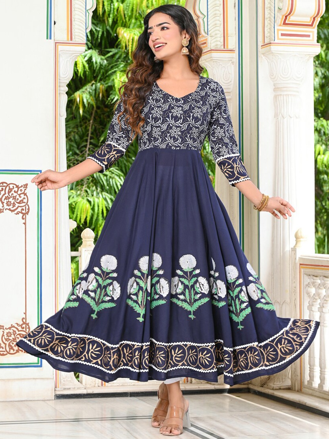 

Indi INSIDE Floral Block Printed Anarkali Kurta, Navy blue