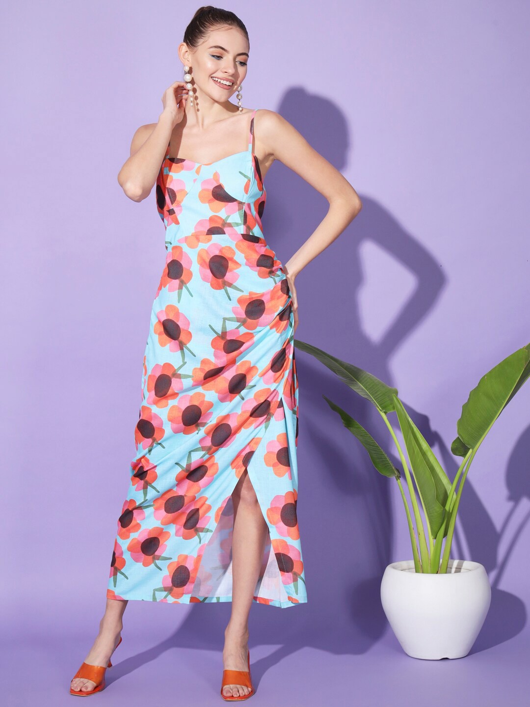 

Cation Blue Floral Printed Shoulder Straps Gathered Detail Cotton Sheath Dress