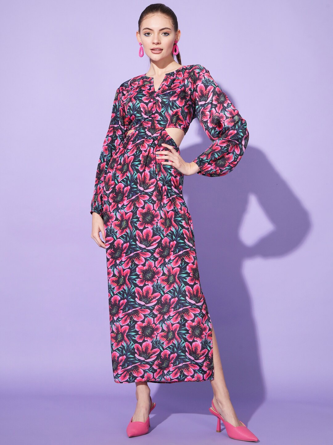 

Cation Black Floral Printed Puff Sleeves Cut-Outs Maxi Dress