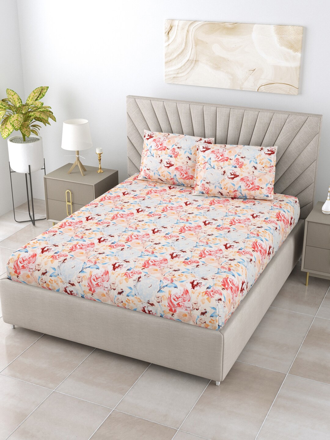 

BOMBAY DYEING Florentine Pink & Blue Floral Cotton 144 TC Queen Bedsheet & 2 Pillow Covers