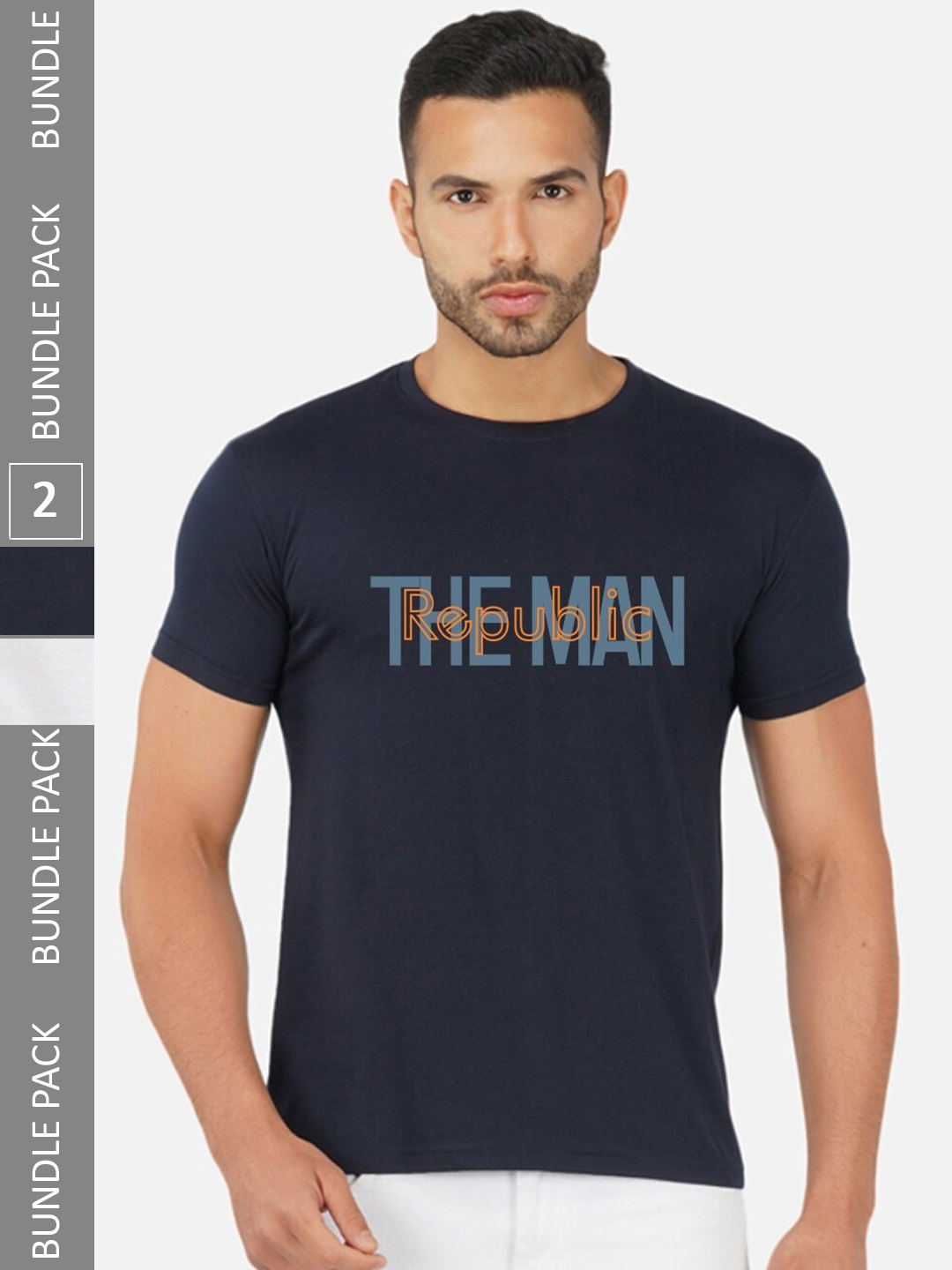 

CHOZI Pack Of 2 Printed Round Neck Cotton Regular T-shirt, Navy blue