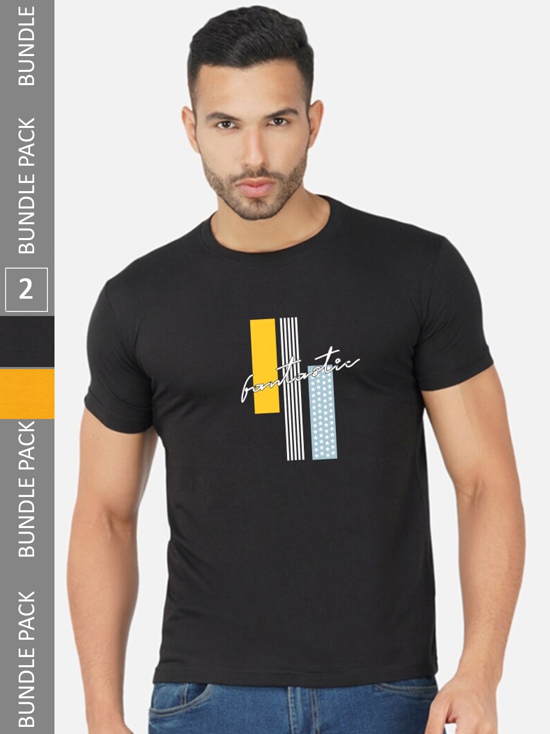 

CHOZI Pack Of 2 Typography Printed Round Neck Cotton T-Shirt, Black