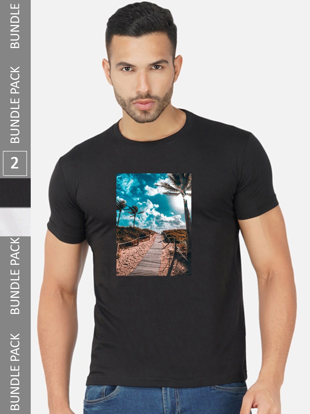 

CHOZI Pack Of 2 Graphic Printed Round Neck Cotton T-shirt, Black