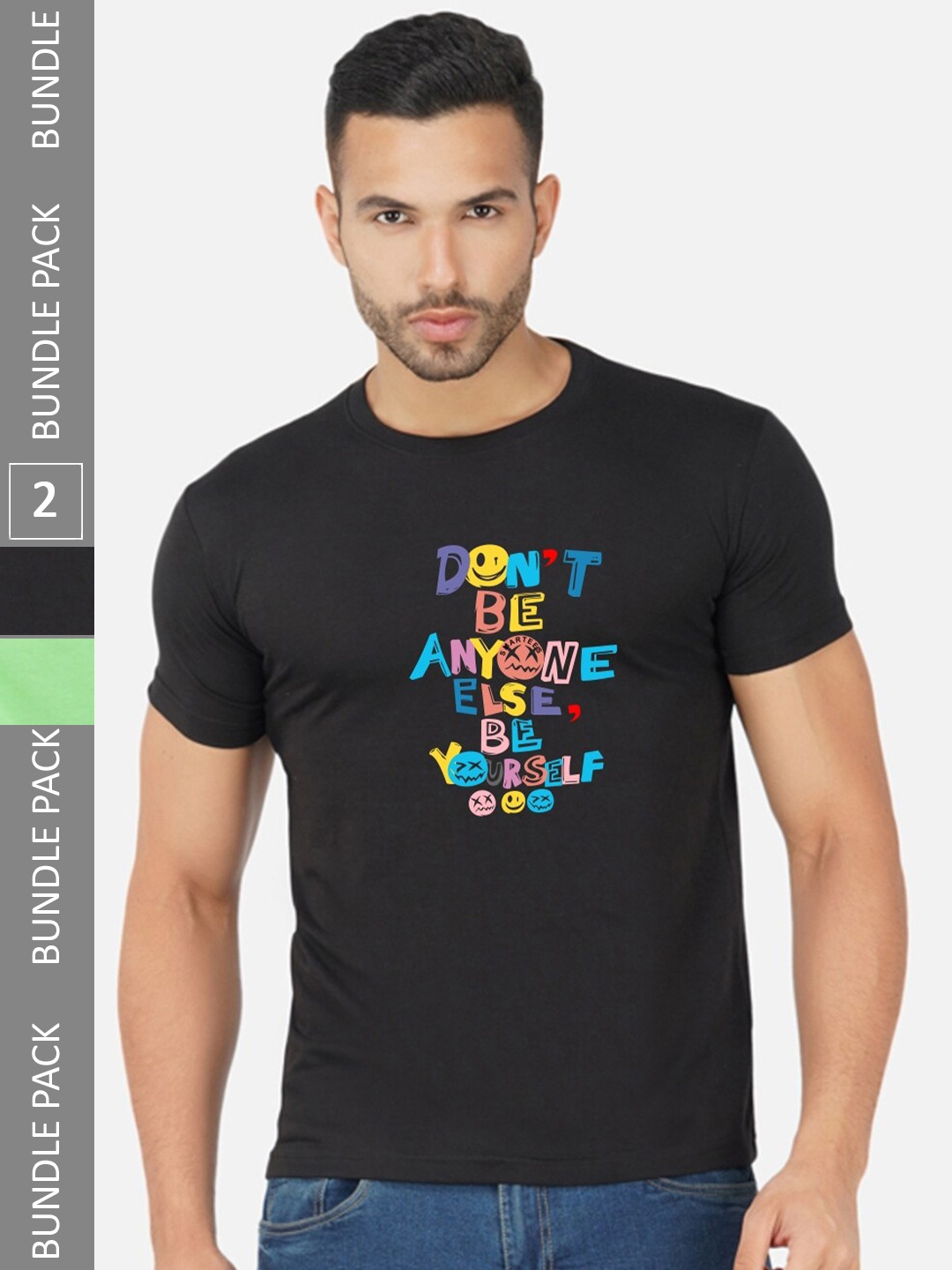 CHOZI Pack Of 2 Typography Printed Round Neck Cotton T-Shirt, Black