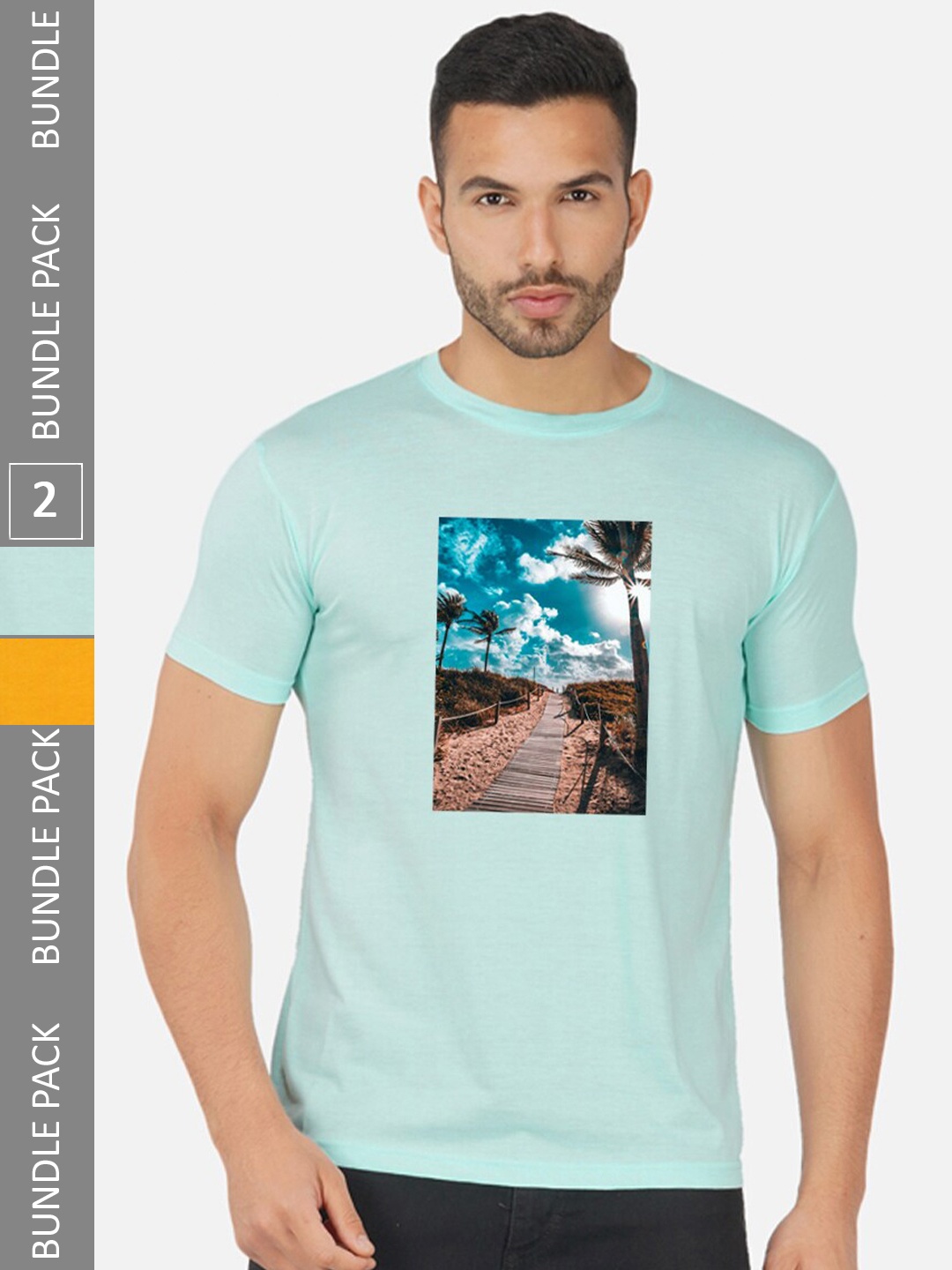 

CHOZI Pack Of 2 Printed Round Neck Cotton T-Shirt, Turquoise blue