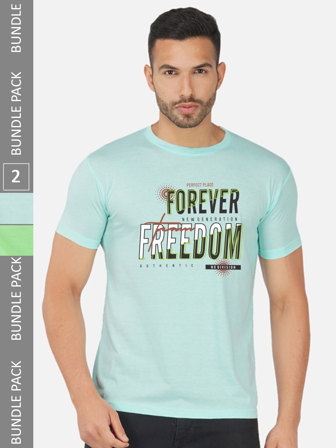 CHOZI Pack Of 2 Printed Round Neck Cotton Regular T-shirt, Turquoise blue