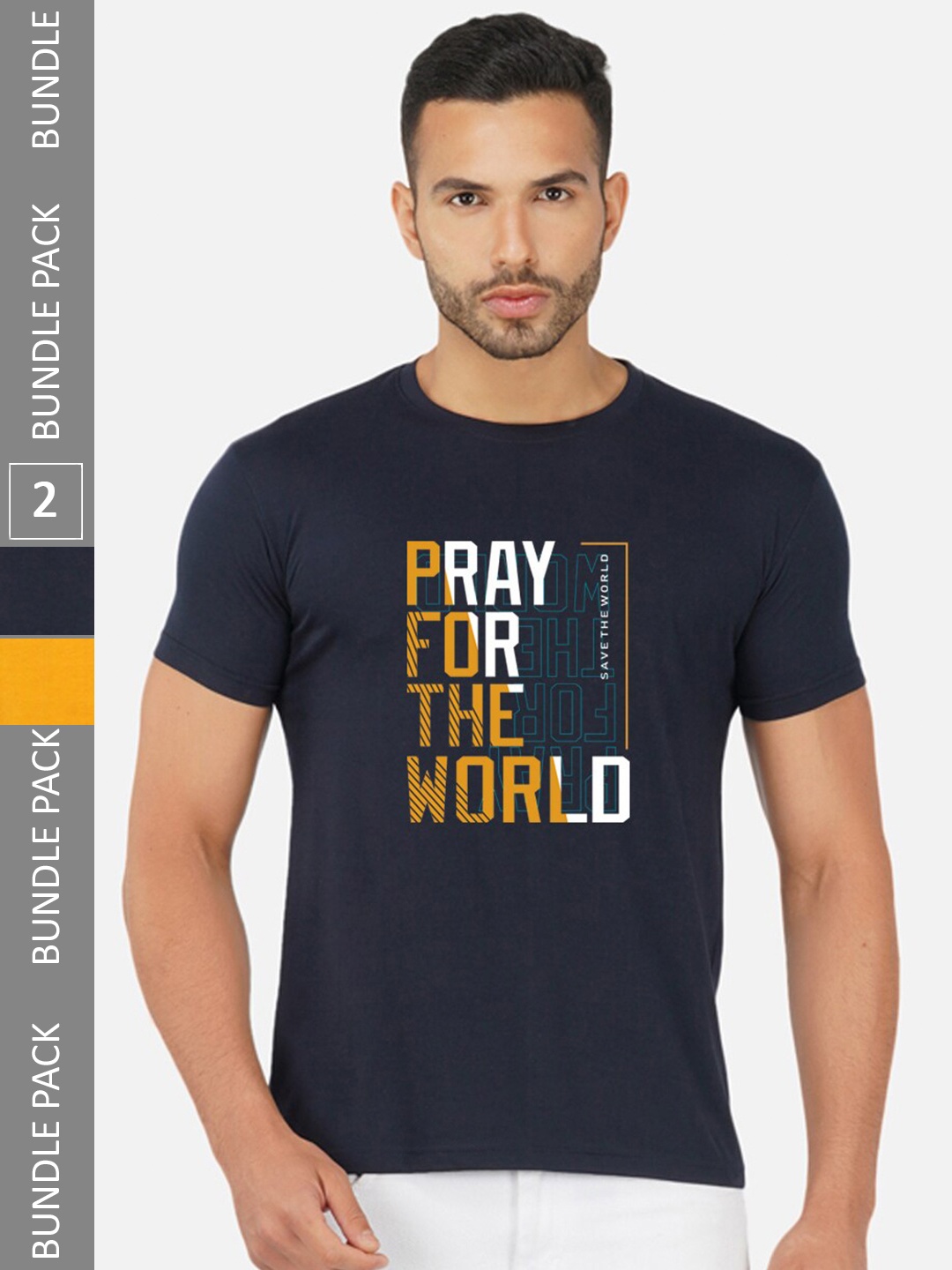 

CHOZI Pack of 2 Typography Printed Cotton T-shirt, Navy blue