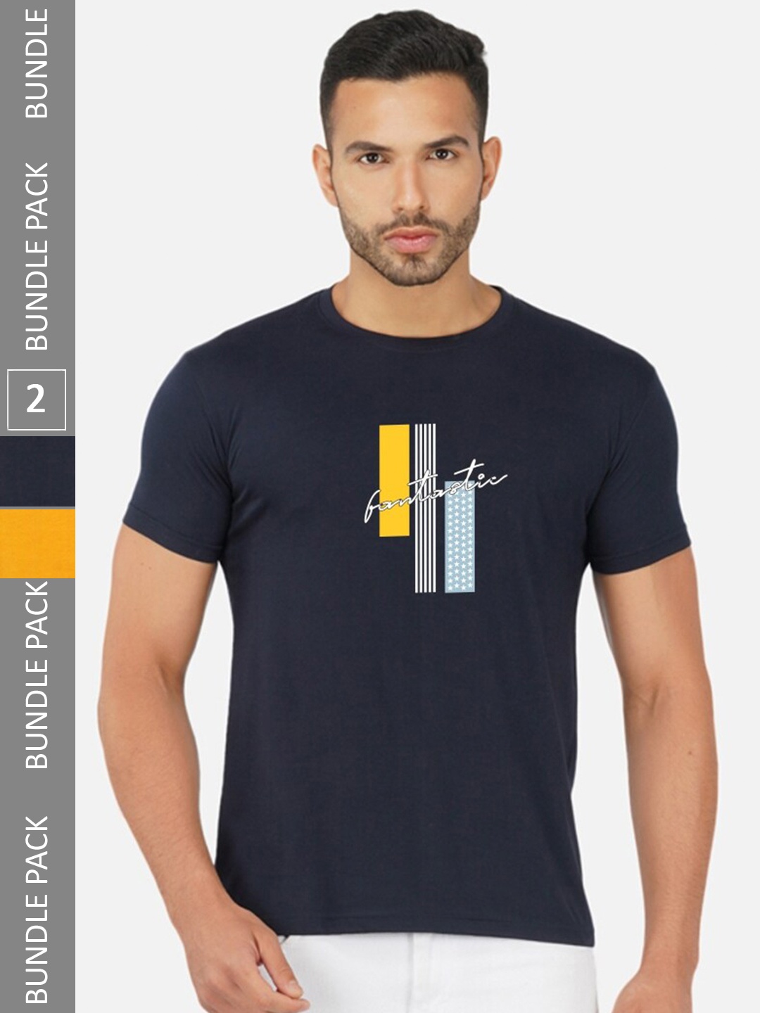

CHOZI Pack Of 2 Printed Round Neck Cotton Regular T-shirt, Navy blue