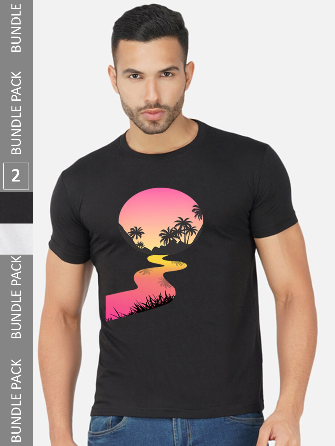 

CHOZI Pack Of 2 Printed Round Neck Cotton T-Shirt, Black