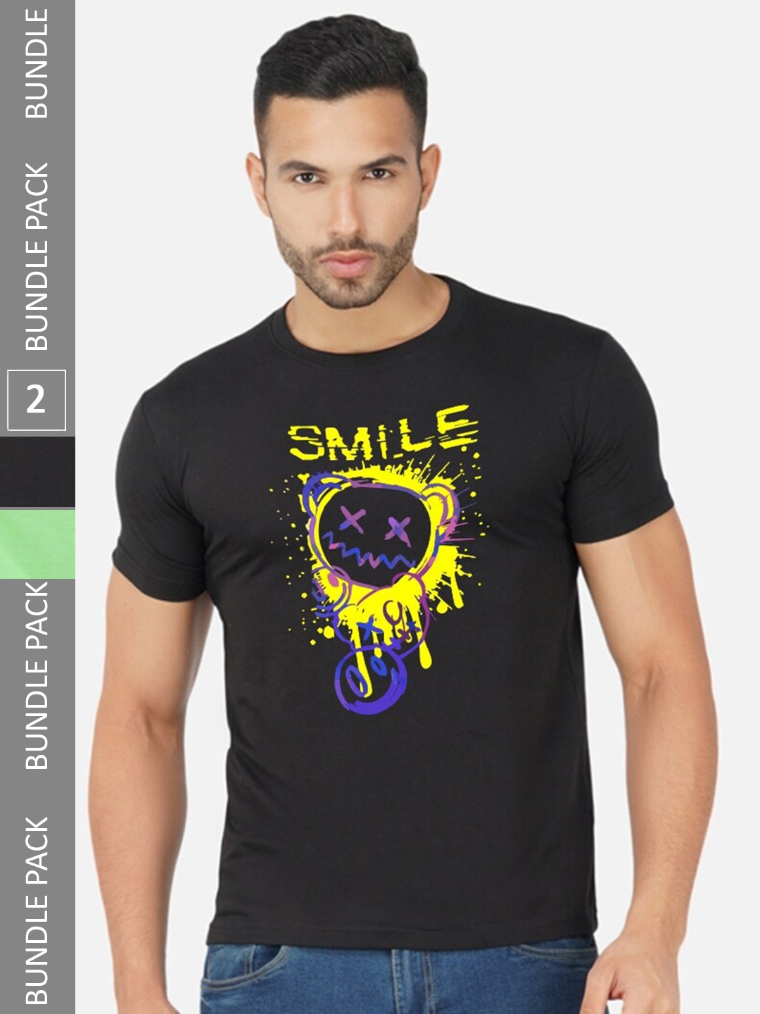 

CHOZI Pack Of 2 Printed Round Neck Cotton Regular T-shirt, Black