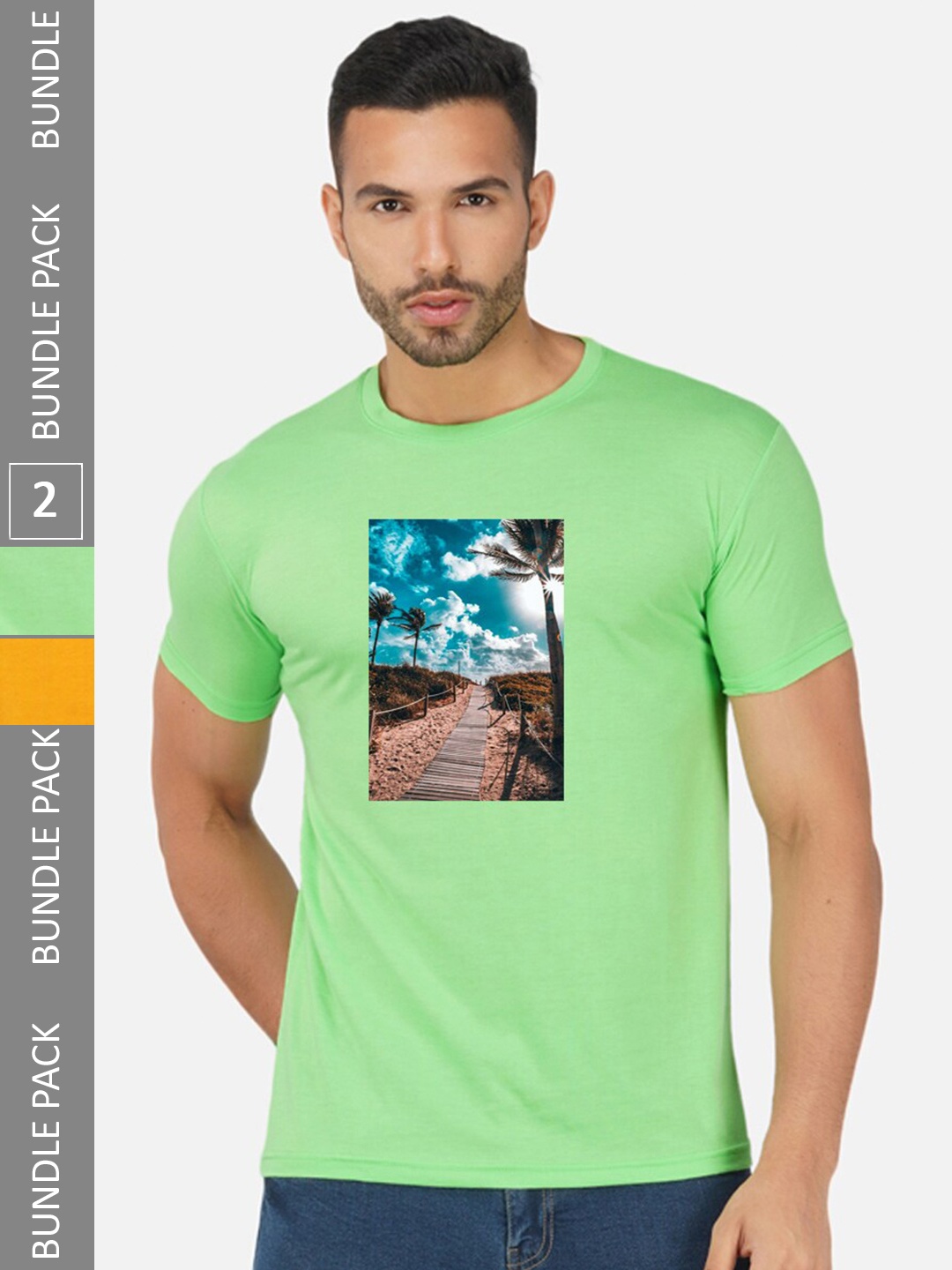 

CHOZI Pack Of 2 Printed Round Neck Cotton T-Shirt, Lime green