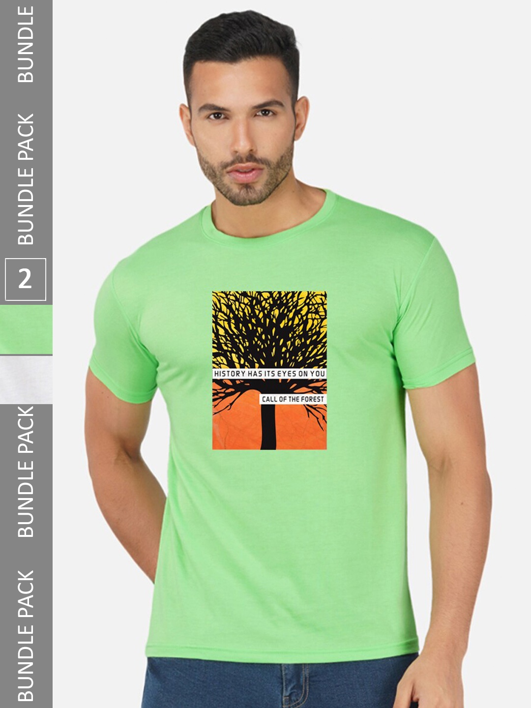 

CHOZI Pack Of 2 Printed Round Neck Cotton T-Shirt, Lime green