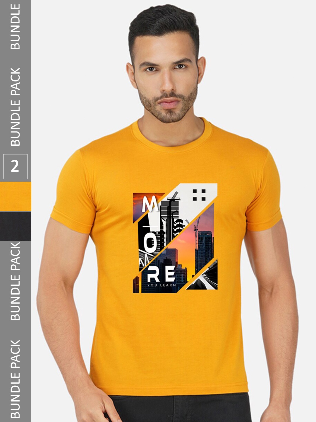 

CHOZI Pack Of 2 Graphic Printed Cotton T-shirts, Mustard