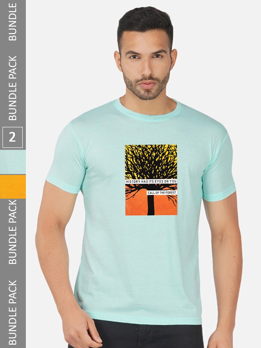 

CHOZI Pack Of 2 Printed Round Neck Cotton Regular T-shirt, Turquoise blue