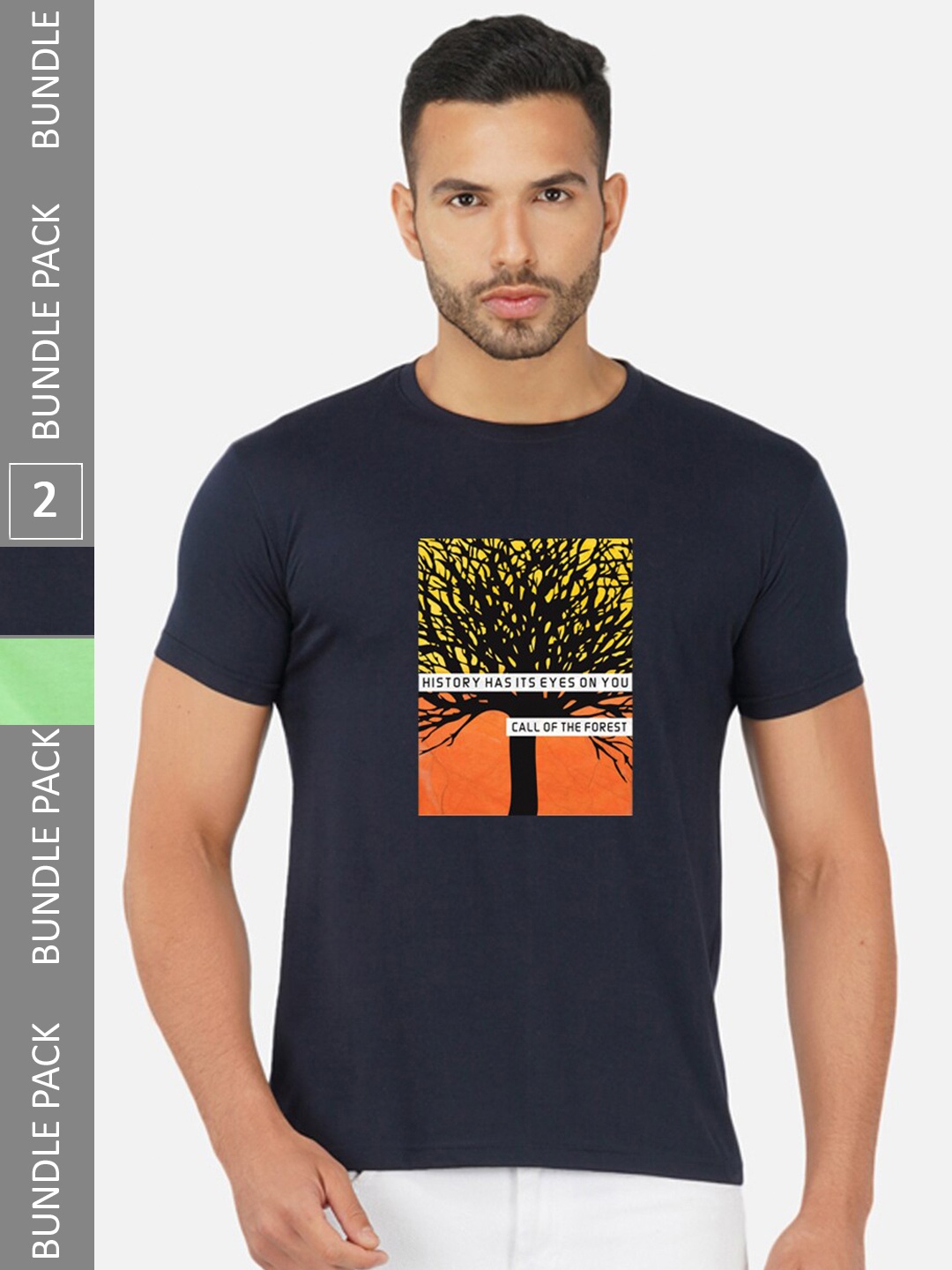 

CHOZI Pack Of 2 Printed Round Neck Cotton Regular T-shirt, Navy blue