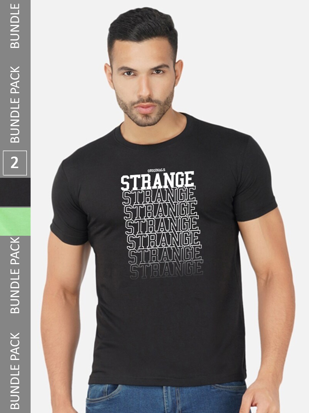 

CHOZI Pack Of 2 Printed Round Neck Cotton T-Shirt, Black
