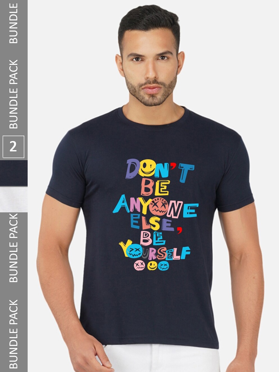 CHOZI Pack Of 2 Printed Round Neck Cotton T-Shirt, Navy blue