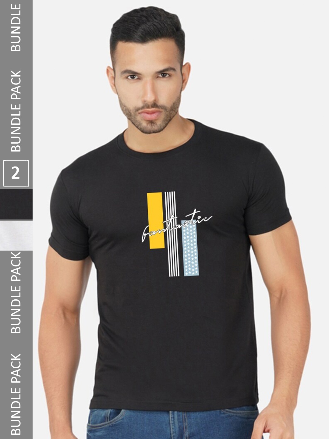 

CHOZI Pack Of 2 Graphic Printed Round Neck Cotton T-shirt, Black
