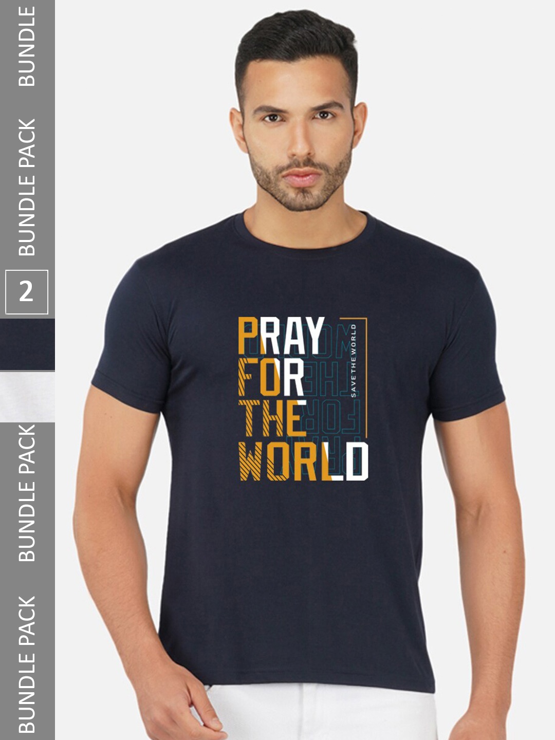 

CHOZI Pack Of 2 Printed Round Neck Cotton Regular T-shirt, Navy blue