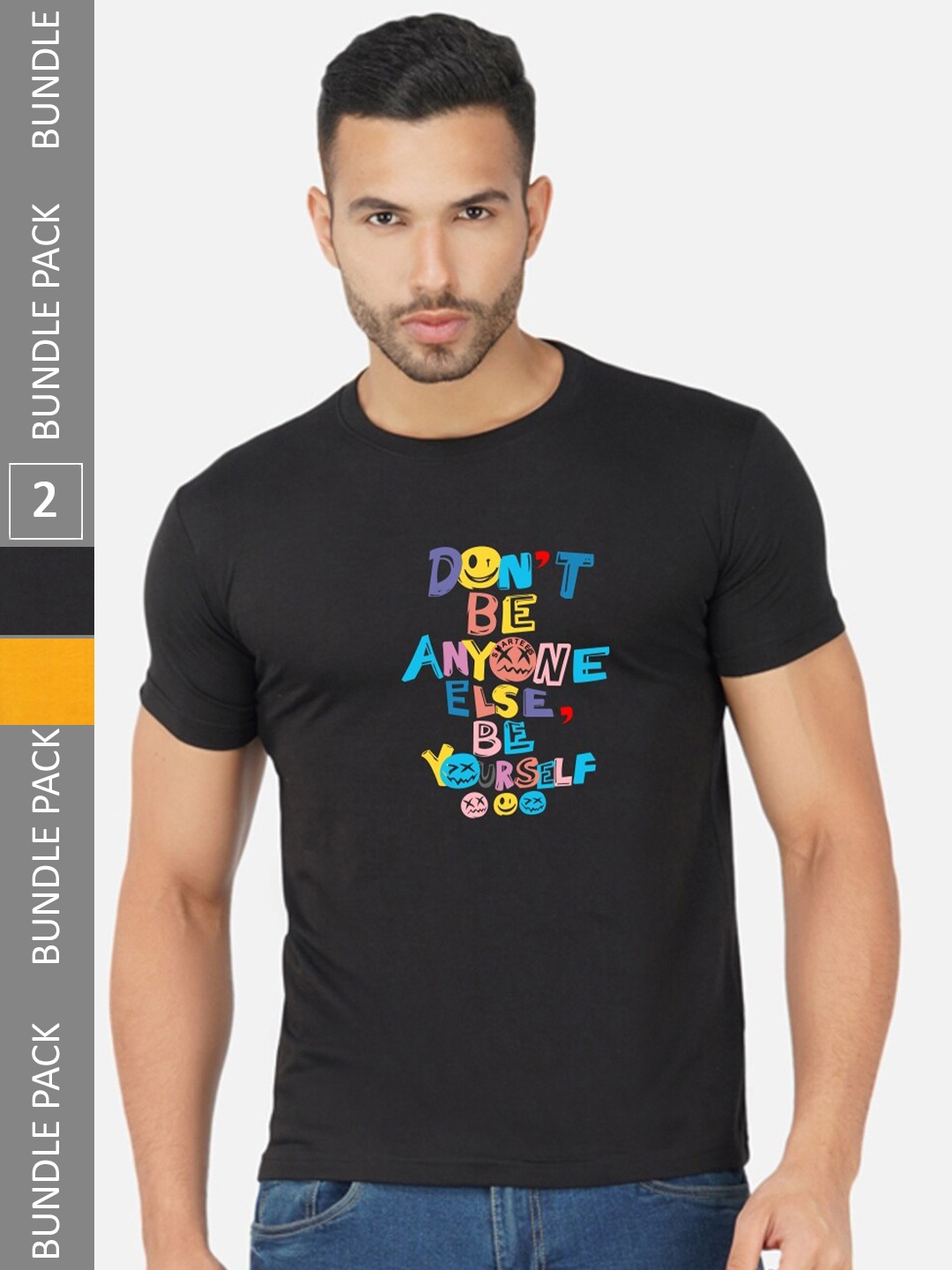 

CHOZI Pack Of 2 Typography Printed Round Neck Cotton T-shirt, Black