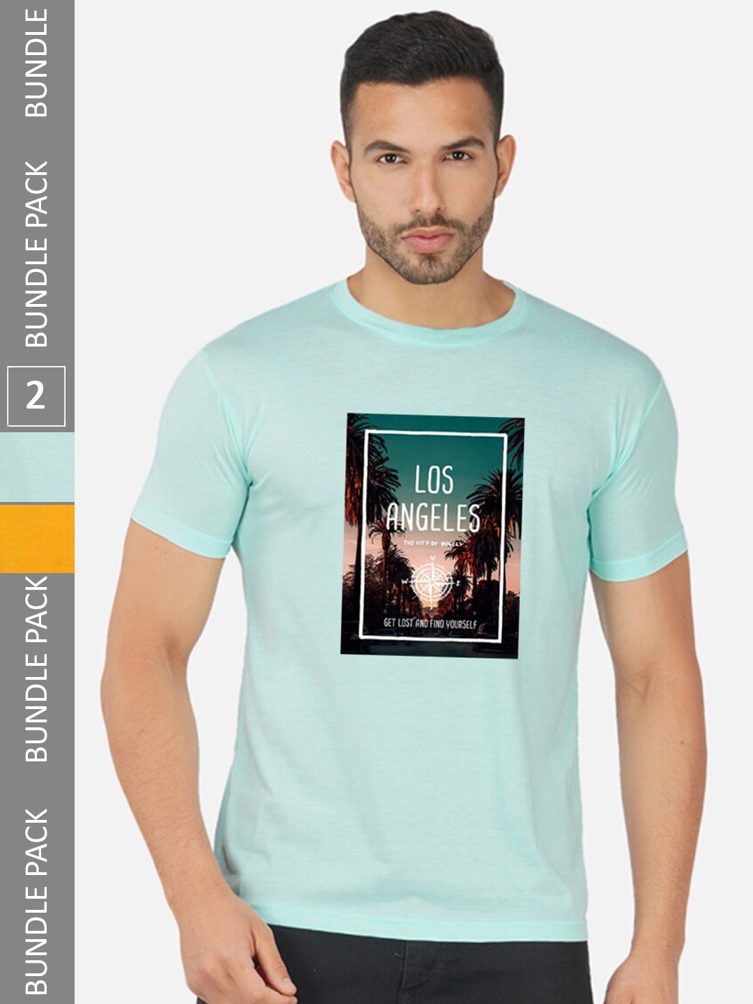 

CHOZI Pack Of 2 Graphic Printed Round Neck Cotton T-shirt, Turquoise blue