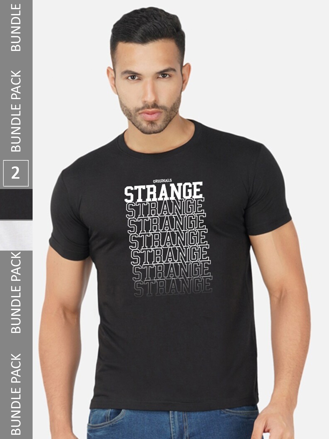 CHOZI Pack Of 2 Printed Round Neck Cotton T-Shirt, Black