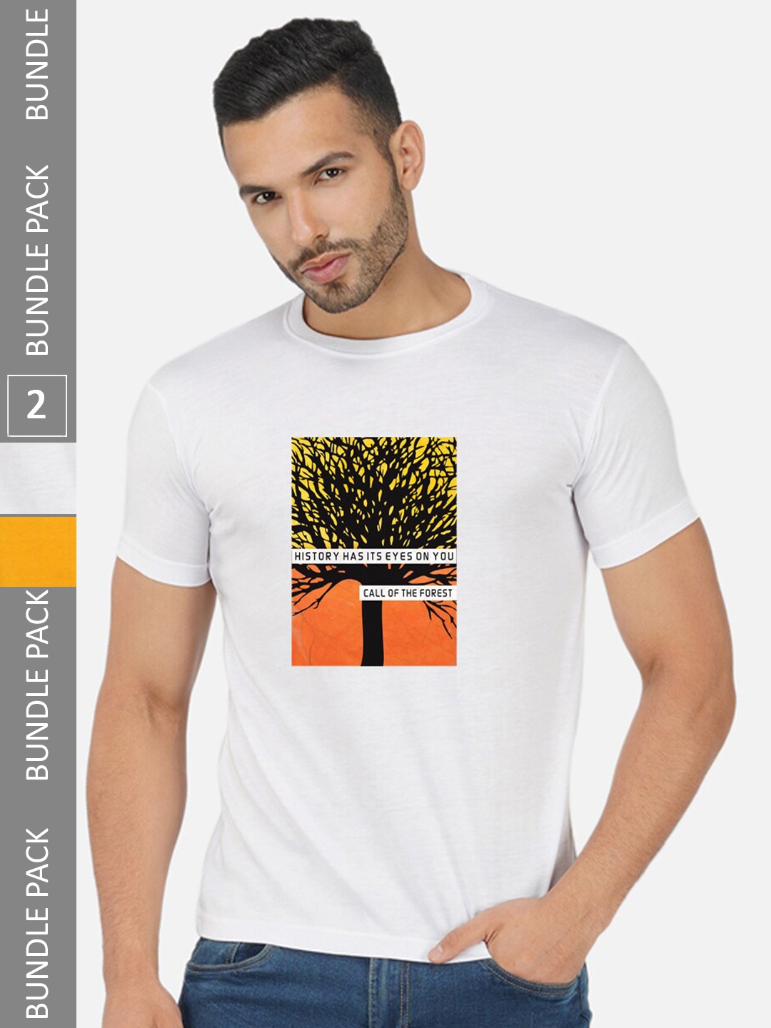 CHOZI Pack Of 2 Graphic Printed Round Neck Cotton T-shirt, White