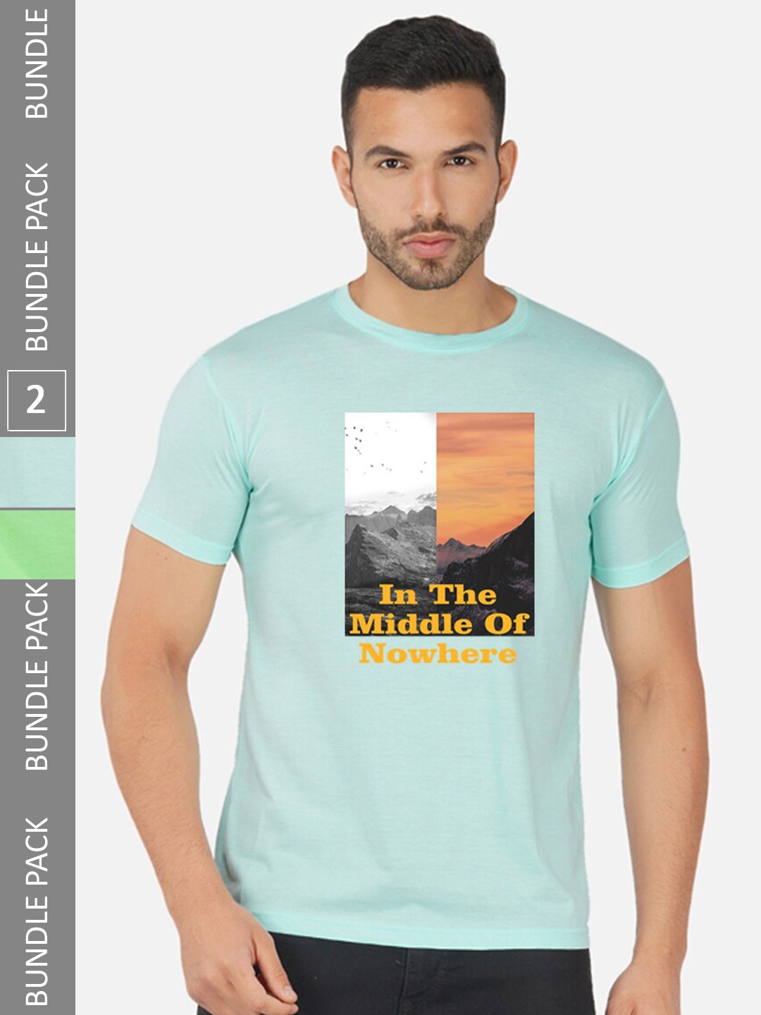 

CHOZI Pack Of 2 Graphic Printed Round Neck Cotton T-shirt, Turquoise blue