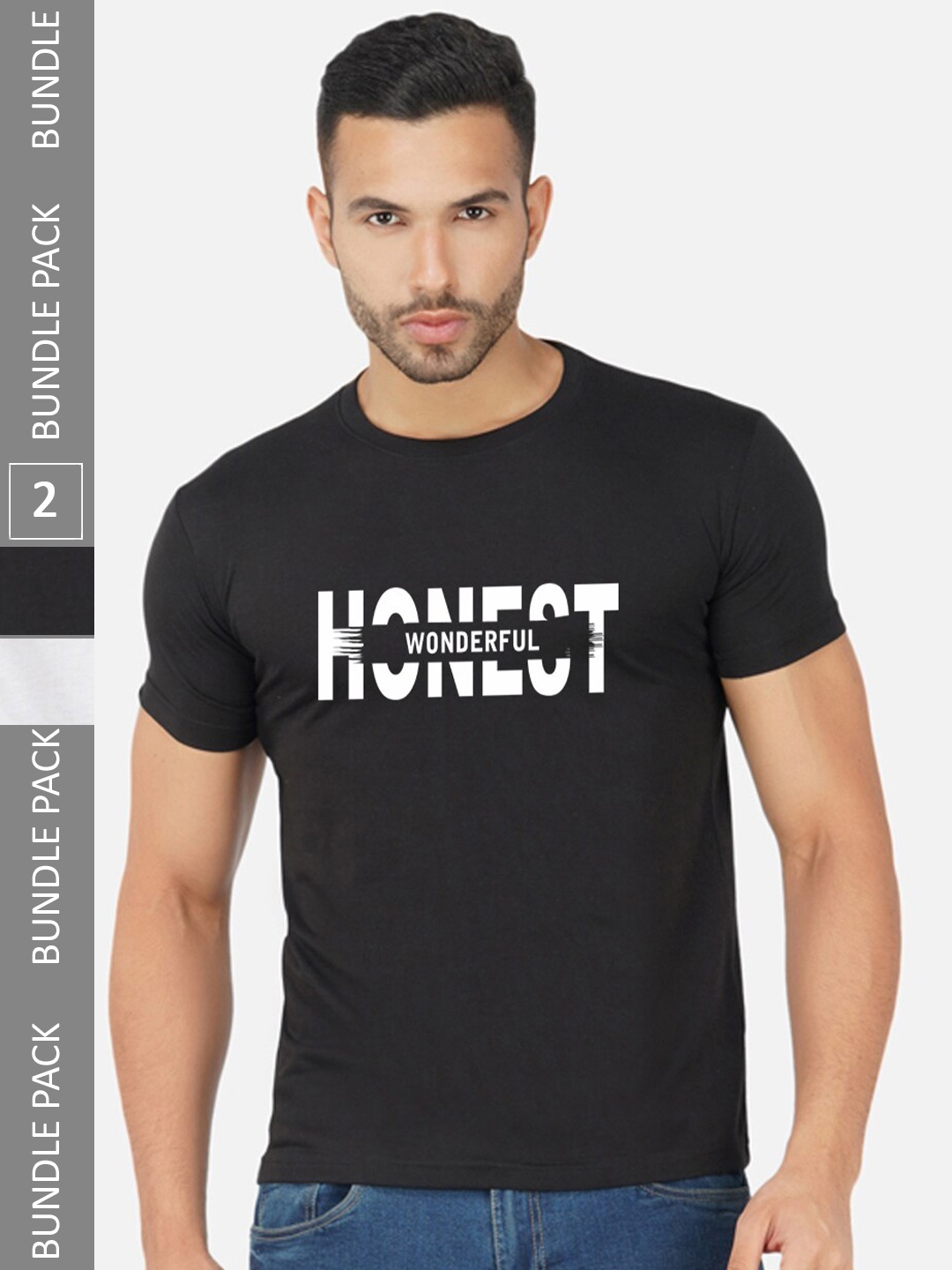 

CHOZI Pack Of 2 Printed Round Neck Cotton Regular T-shirt, Black