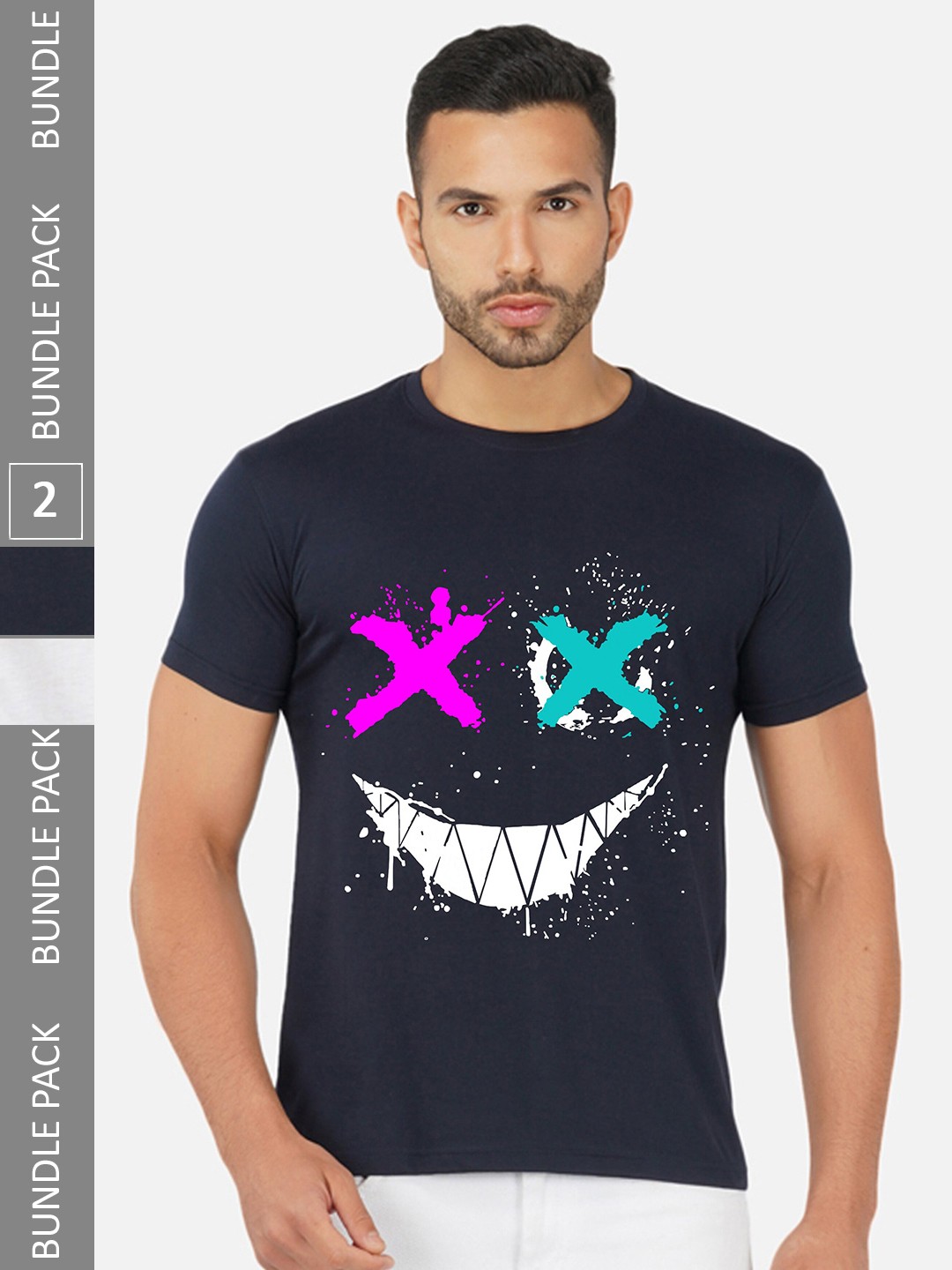 

CHOZI Pack Of 2 Printed Round Neck Cotton Regular T-shirt, Navy blue