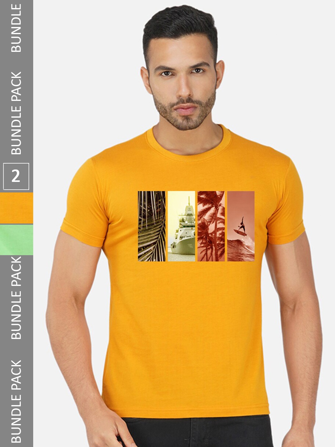 

CHOZI Pack of 2 Graphic Printed Cotton T-shirt, Mustard