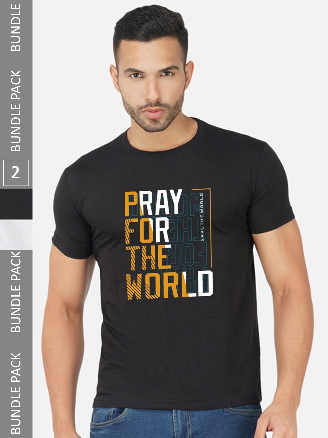 CHOZI Pack Of 2 Printed Round Neck Cotton T-Shirt, Black