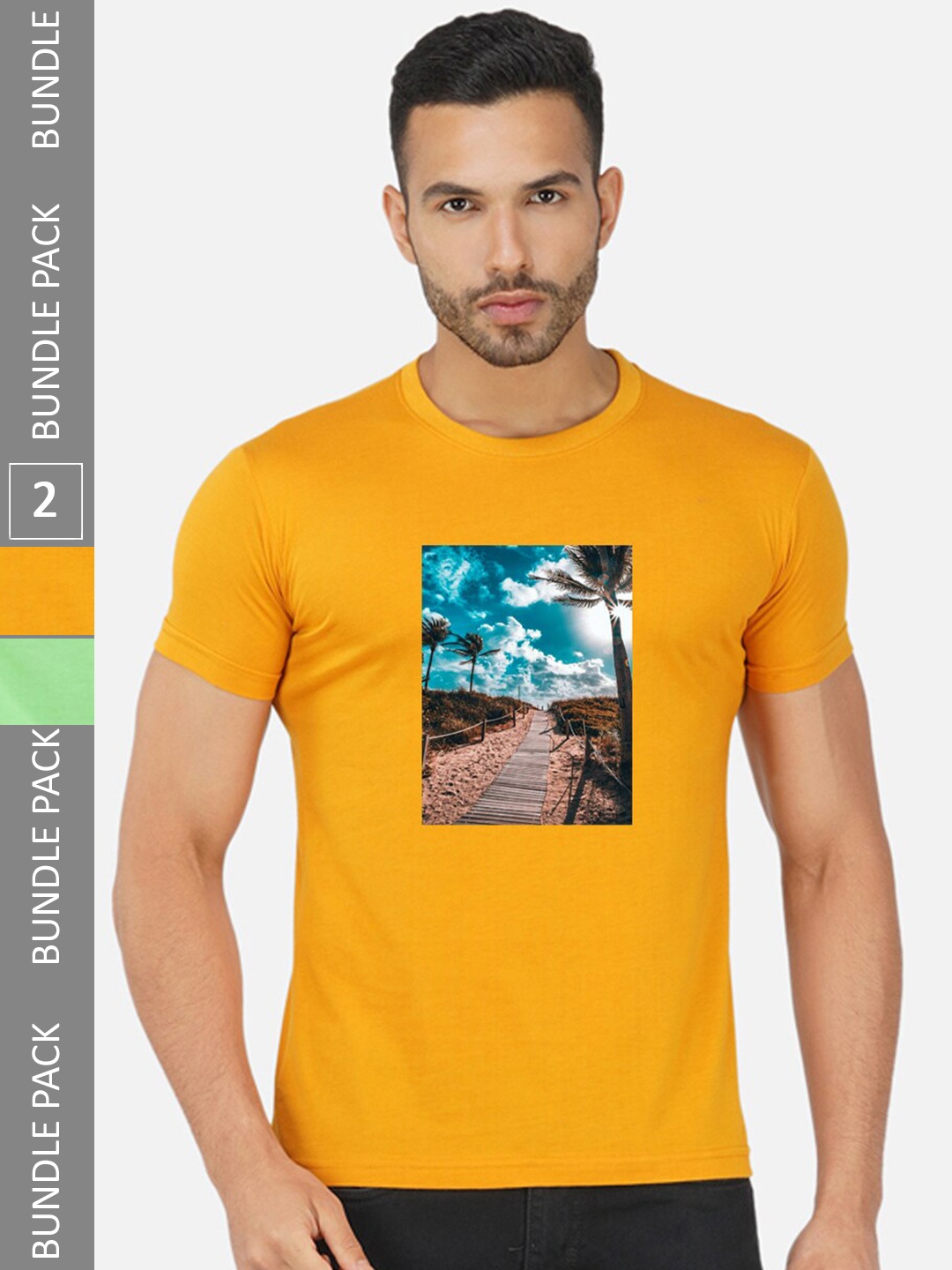 

CHOZI Pack Of 2 Graphic Printed Round Neck Cotton T-shirt, Mustard