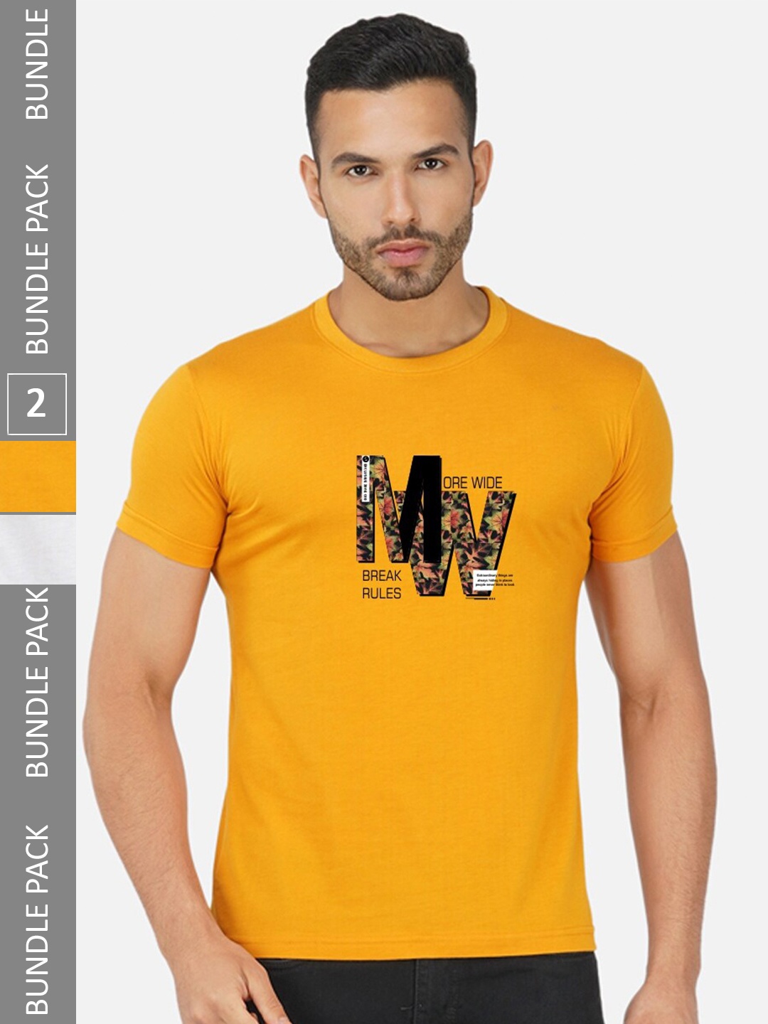 CHOZI Pack Of 2 Typography Printed Round Neck Cotton T-shirt, Mustard