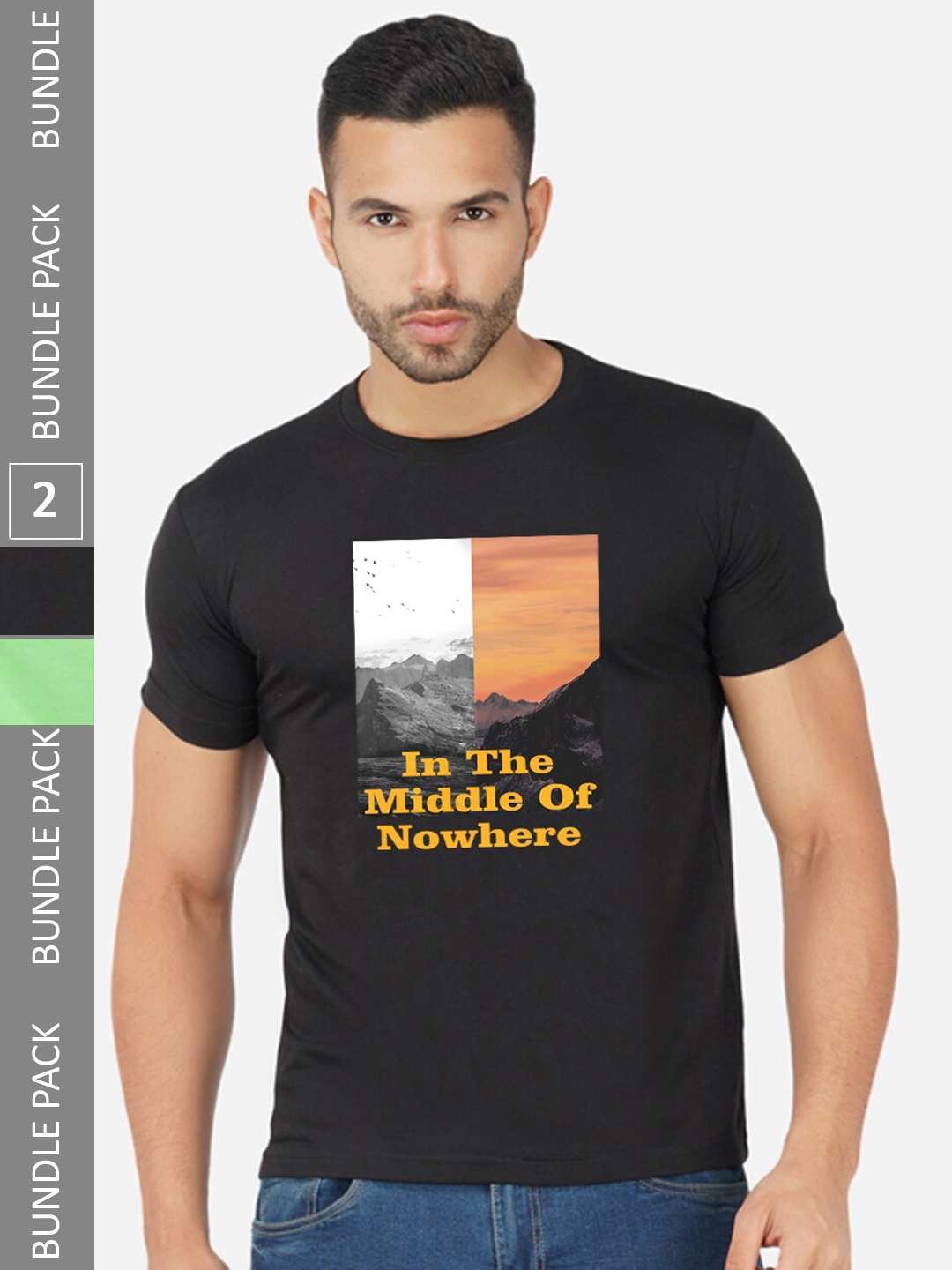 CHOZI Pack Of 2 Graphic Printed Round Neck Cotton T-shirt, Black