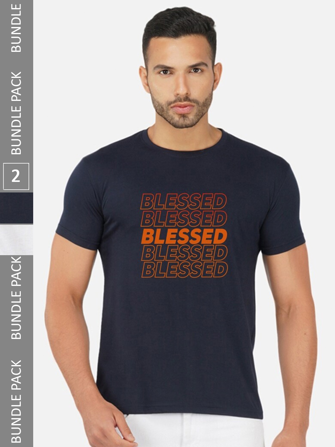 

CHOZI Pack Of 2 Typography Printed Round Neck Cotton T-shirt, Navy blue