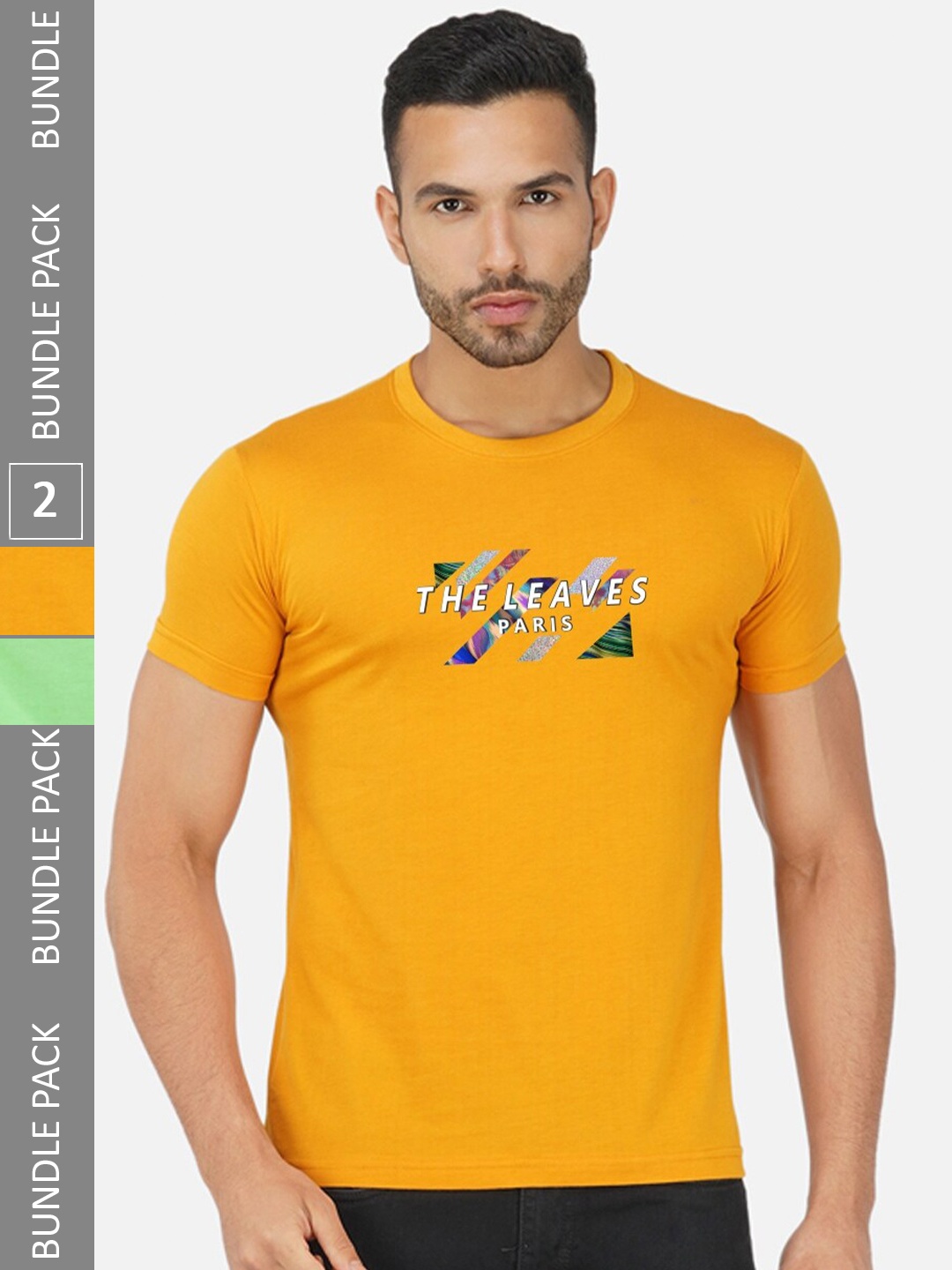 CHOZI Pack Of 2 Typography Printed Round Neck Cotton T-shirt, Mustard