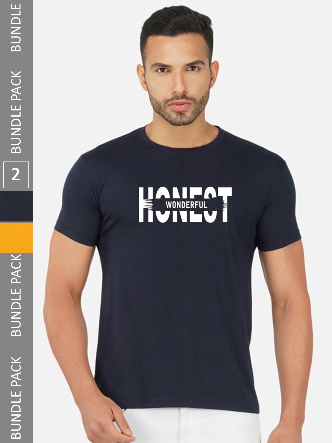 

CHOZI Pack Of 2 Printed Round Neck Cotton T-Shirt, Navy blue