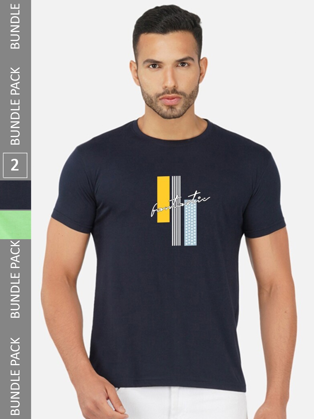 

CHOZI Pack Of 2 Graphic Printed Round Neck Cotton T-shirt, Navy blue