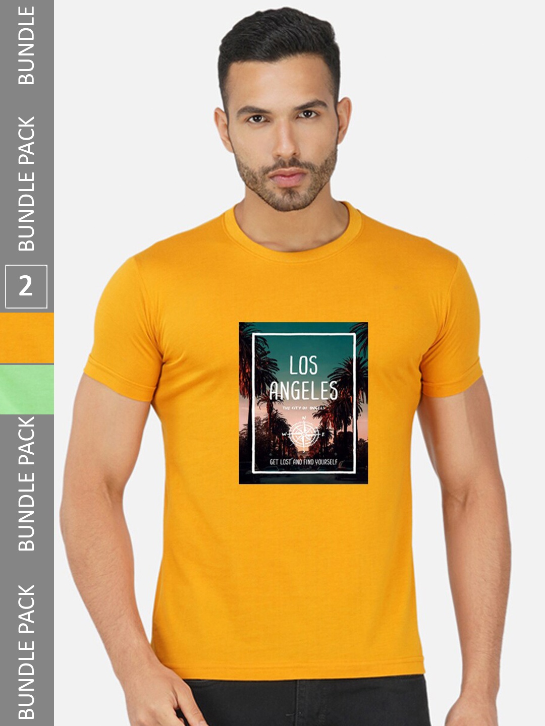 

CHOZI Pack Of 2 Printed Round Neck Cotton T-Shirt, Mustard