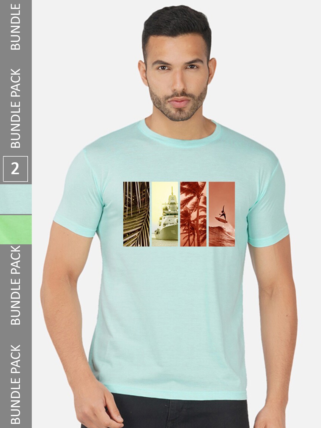 CHOZI Pack Of 2 Printed Round Neck Cotton T-Shirt, Turquoise blue