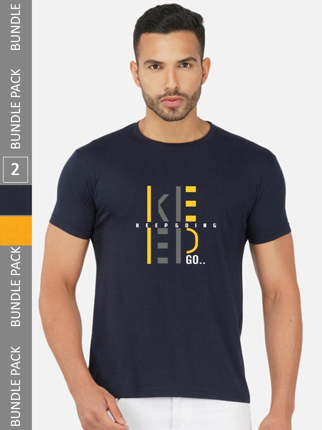 CHOZI Pack Of 2 Typography Printed Cotton T-shirt, Navy blue