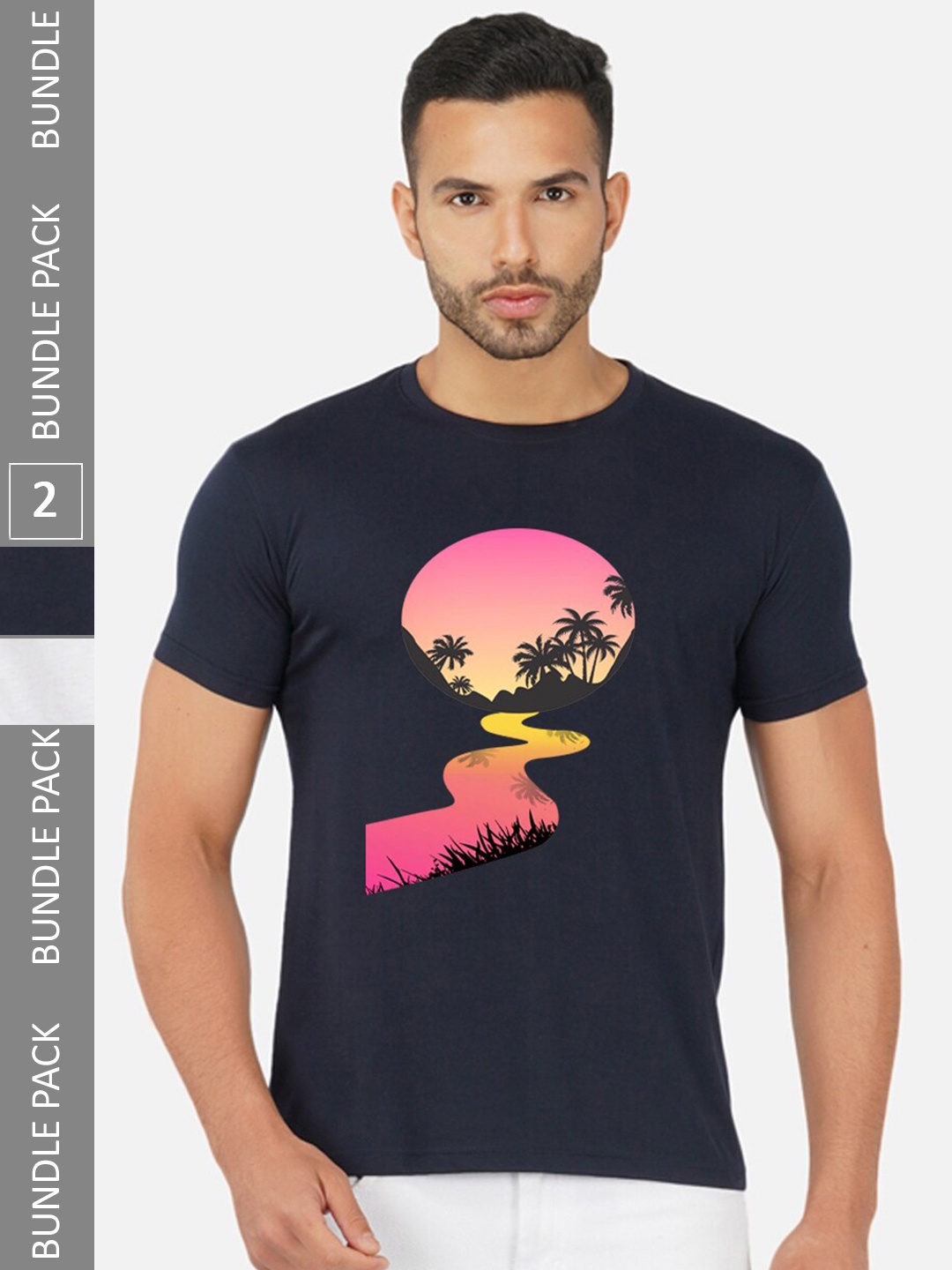 

CHOZI Pack Of 2 Graphic Printed Cotton T-shirts, Navy blue
