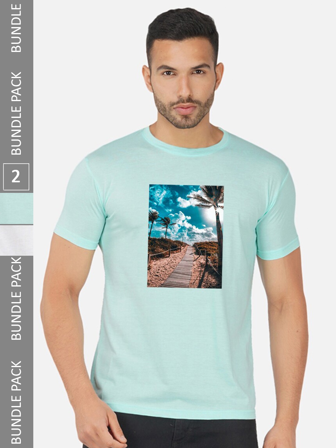 

CHOZI Pack Of 2 Graphic Printed Cotton T-shirts, Turquoise blue