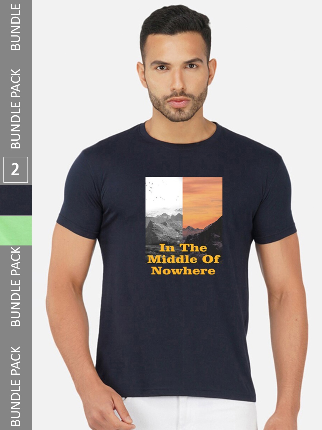 CHOZI Pack Of 2 Printed Round Neck Cotton T-Shirt, Navy blue