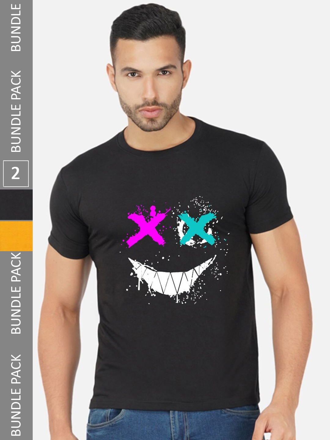 

CHOZI Pack Of 2 Graphic Printed Round Neck Cotton T-shirt, Black