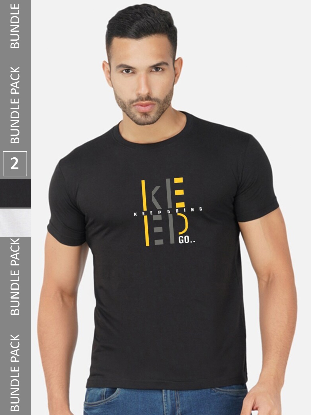 CHOZI Pack Of 2 Typography Printed Round Neck Cotton T-shirt, Black