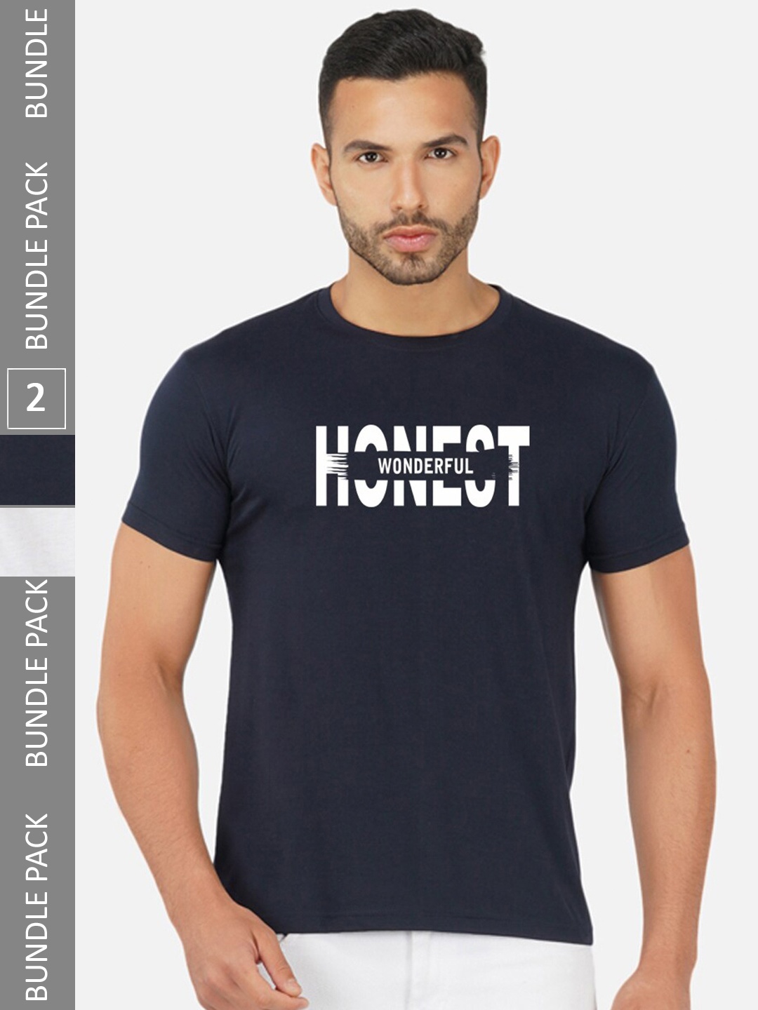 

CHOZI Pack Of 2 Printed Round Neck Short Slevee Cotton T-Shirt, Navy blue