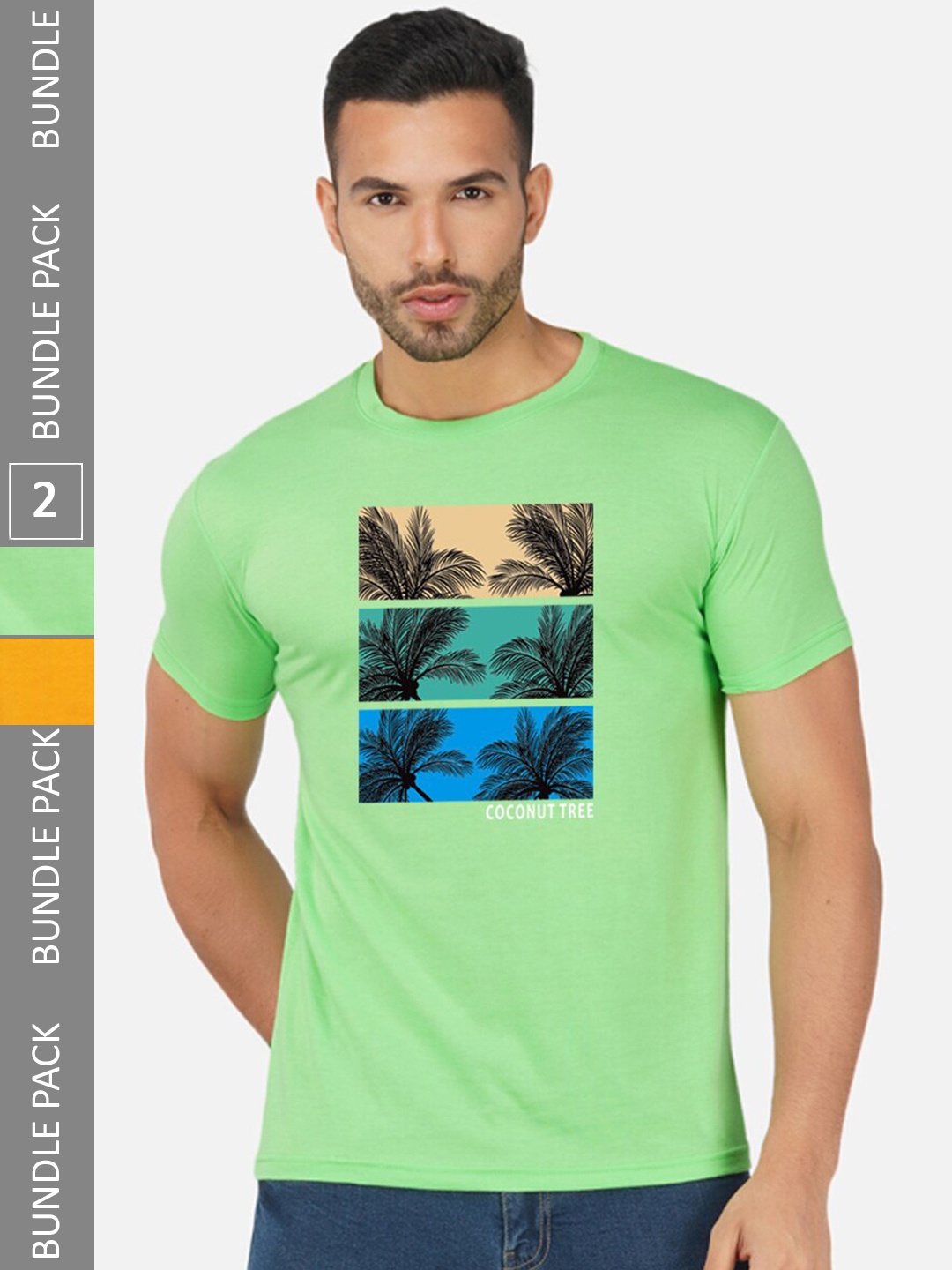 

CHOZI Pack Of 2 Printed Round Neck Cotton T-Shirt, Lime green